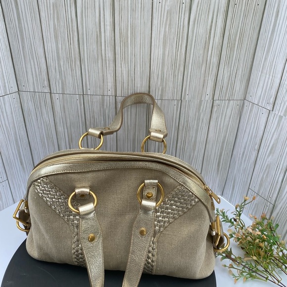 Yves Saint Laurent Muse Tan Canvas Leather Satchel Handbag Gold Tone Hardware - Picture 4 of 12